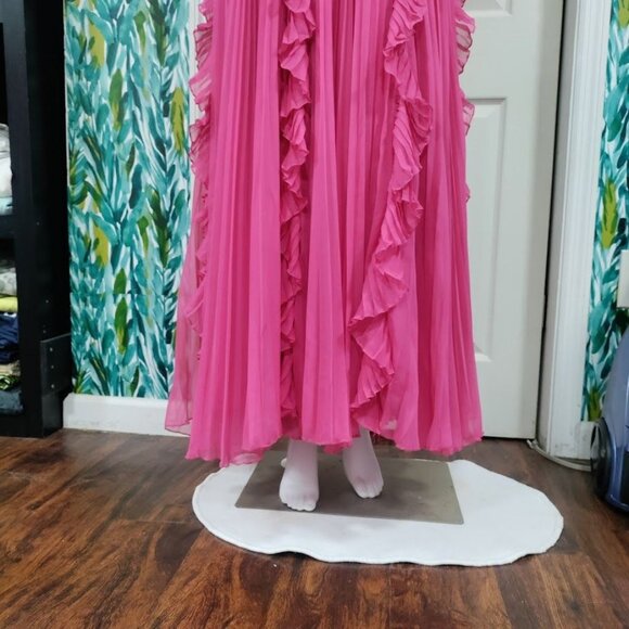 Mac Duggal Pink Ruffled Maxi Dress Flowy Pleated Deep V-Neck Evening Gown Size 4 - Picture 8 of 16